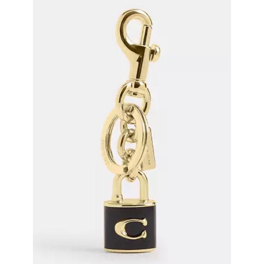 Coach Gold Tone & Black Leather Padlock C Bag Charm/Keychain – NWT